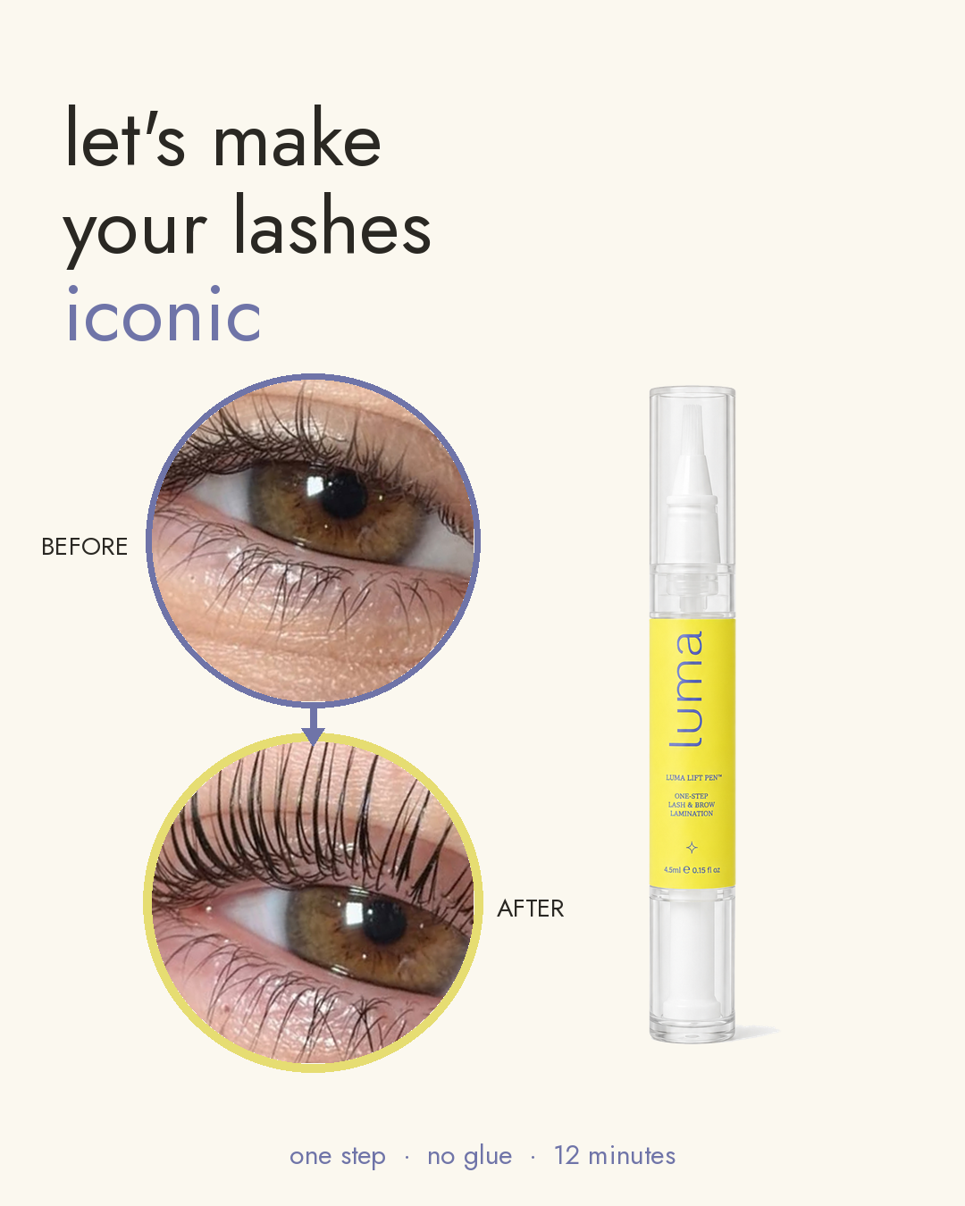 Luma lash serum with 'Before' and 'After' eye lash images on a white background